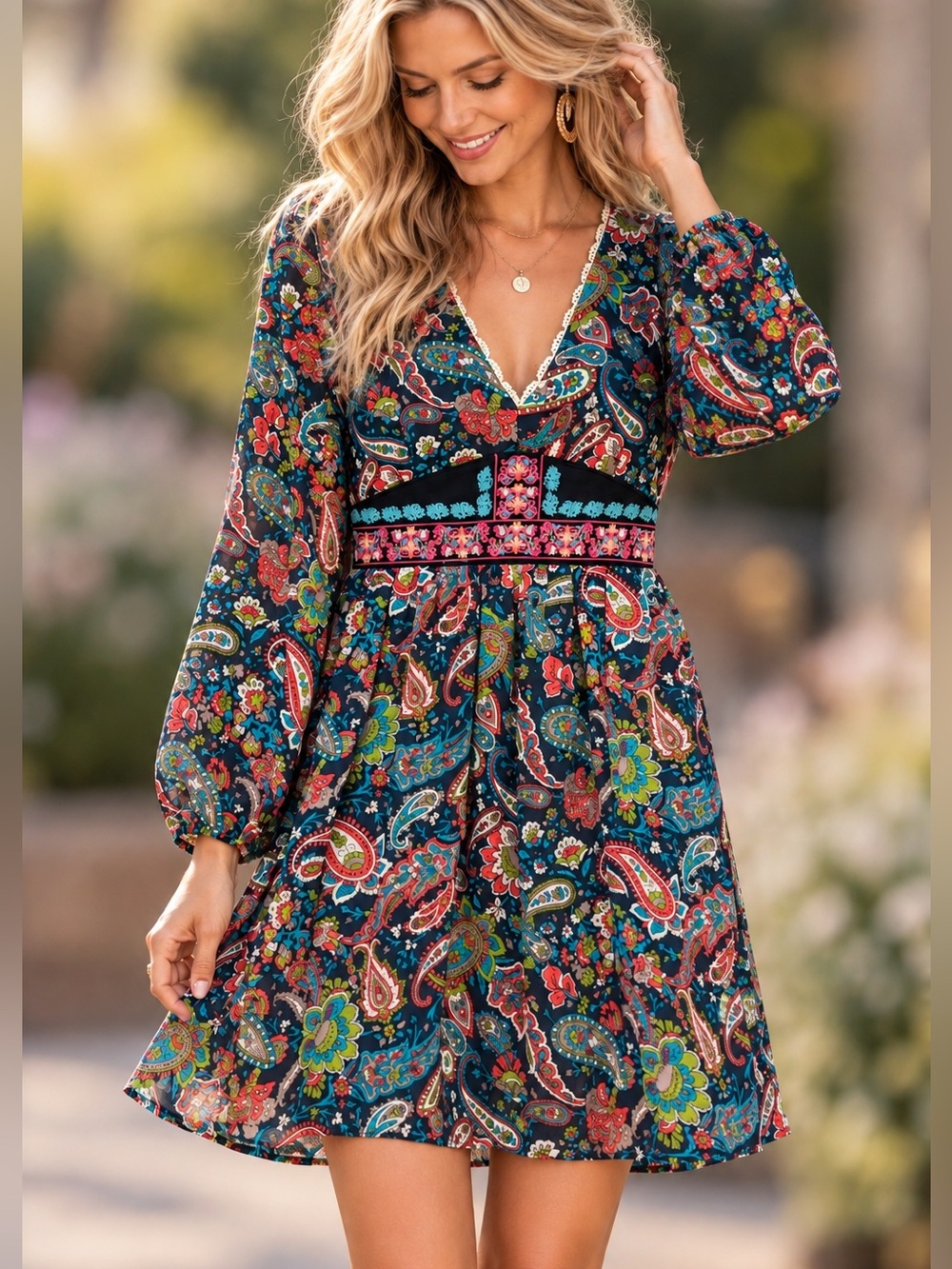 Flying Tomato S Paisley Floral Embroidered Dress V Neck Lace Boho Folk Festival
